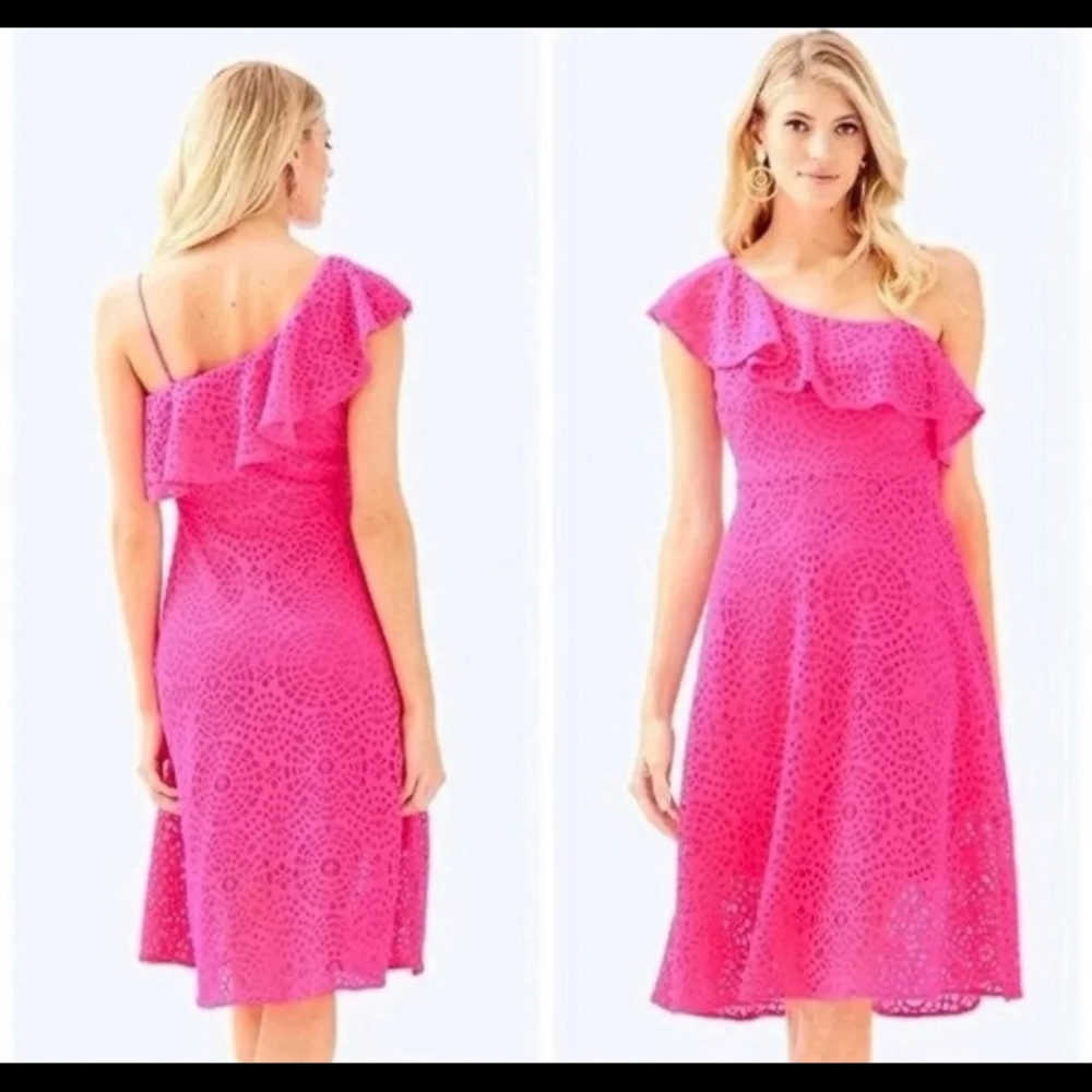 Lilly Pulitzer Hot Pink One-Shoulder Ruffle Midi Dress